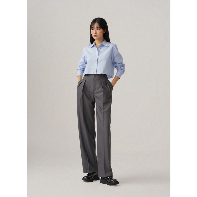 Quần dài nữ ống suông cạp cao xếp li (Xám)_MONOTALK B30019TK