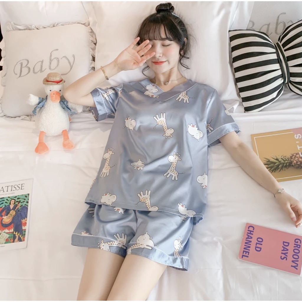 Đồ ngủ lụa nữ ngắn tay Hàn Quốc dễ thương phù hợp với mùa hè