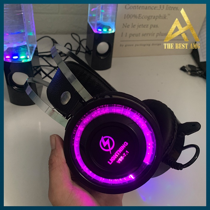 Tai Nghe Máy Tính Có Mic Gaming PC Laptap Led Rgb Headphone Chụp Tai Lightning V6S Nghe Nhạc Chơi Game Có Dây
