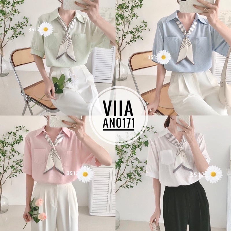 Sơ mi Tay Kiểu Kèm Khăn Lụa 4 Màu AN0171 VIIA DESIGN