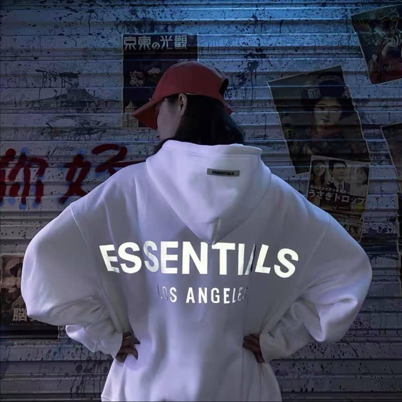 Áo hoodie nam ESSENTIALS form rộng chất nỉ bông dày dặn, cổ kéo khóa in chữ phản quang