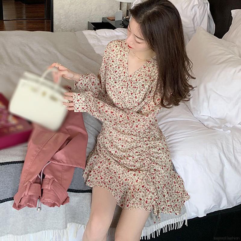 [Baywellfashion]Fashion Women Retro Floral Pleated Long Sleeve Dress | BigBuy360 - bigbuy360.vn