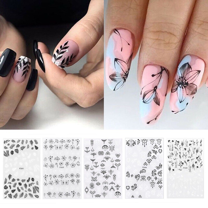 Sticker dán móng hoa lá trắng đen-hình dán nail