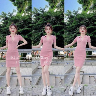 Váy len gân cotton cổ đức ôm body kèm ảnh thật