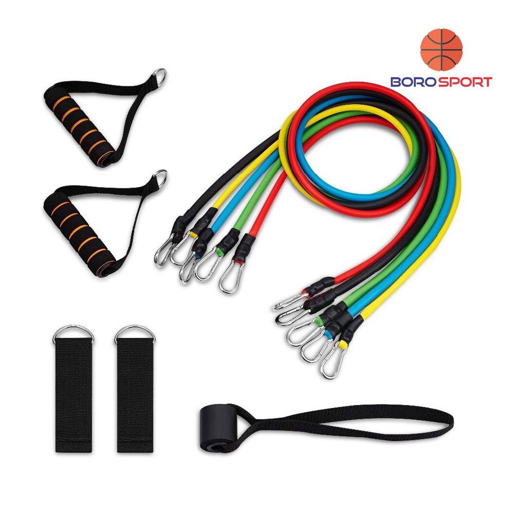 Bộ dây đàn hồi ngũ sắc Cleacco tập gym đa năng 11 món tặng kèm túi đựng và hướng dẫn BORO SPORT