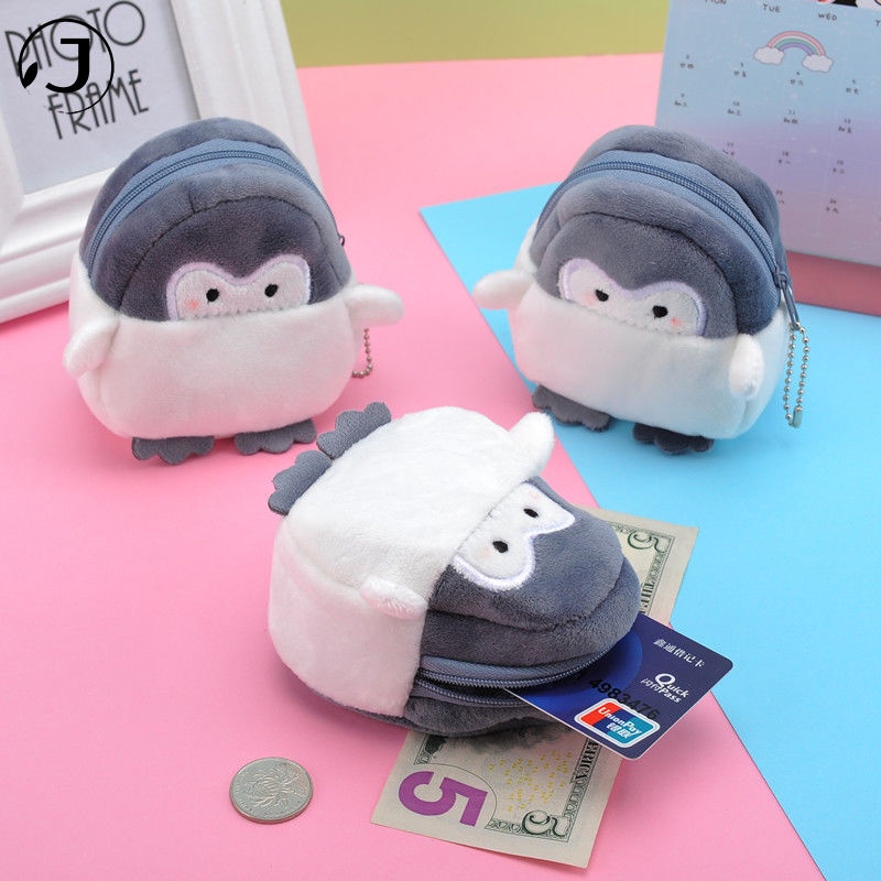 Ví đựng tiền xu/tai nghe/cáp sạc KAITIFEI hình chim cánh cụt vải lông phong cách Hàn Quốc thời trang cho nữ