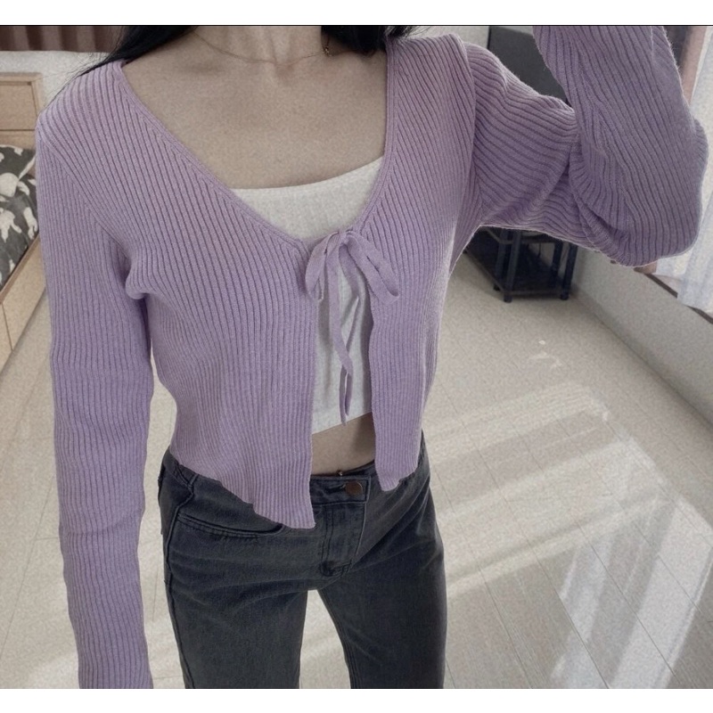 Áo cardigan croptop dài tay buộc nơ chất liệu dày dặn phong cách Retro