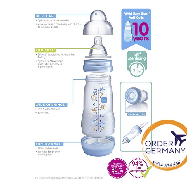Bình sữa chống đầy hơi Mam Đức 160ml &amp; 260ml &amp; 320ml