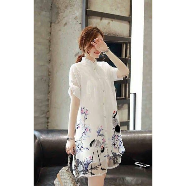 ĐẦM SUÔNG SƠ MI TRẮNG IN CHIM HẠC #damsuong | BigBuy360 - bigbuy360.vn