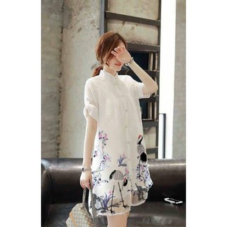 ĐẦM SUÔNG SƠ MI TRẮNG IN CHIM HẠC siêu cute ( KÈM HÌNH KHÁCH IU MẶC Ạ)