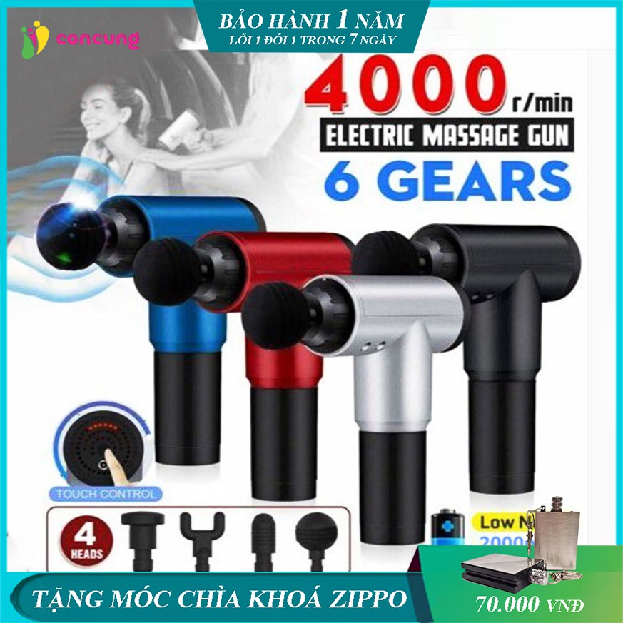 Máy massage cầm tay trị đau mỏi căng cơ Fascial Gun đa chức năng có 4 đầu massage motor mạnh mẽ có 6 tốc độ