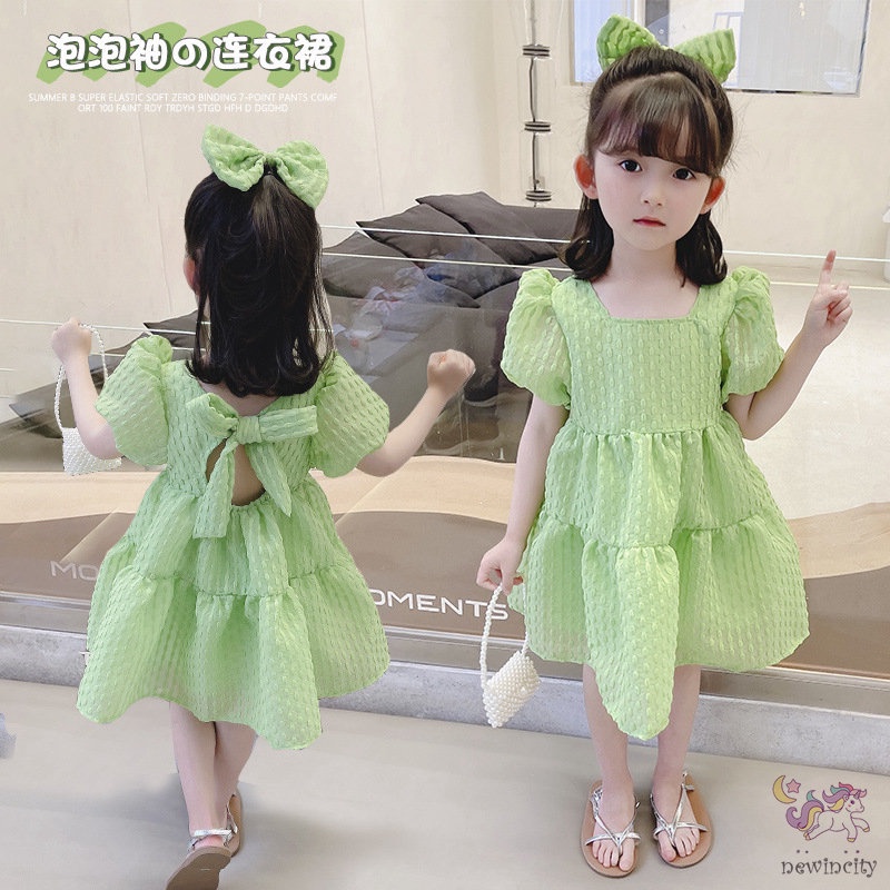 Đầm Công Chúa Tay Phồng Hở Lưng Thắt Nơ Phong Cách Hàn Quốc Ngọt Ngào Dành Cho Bé Gái