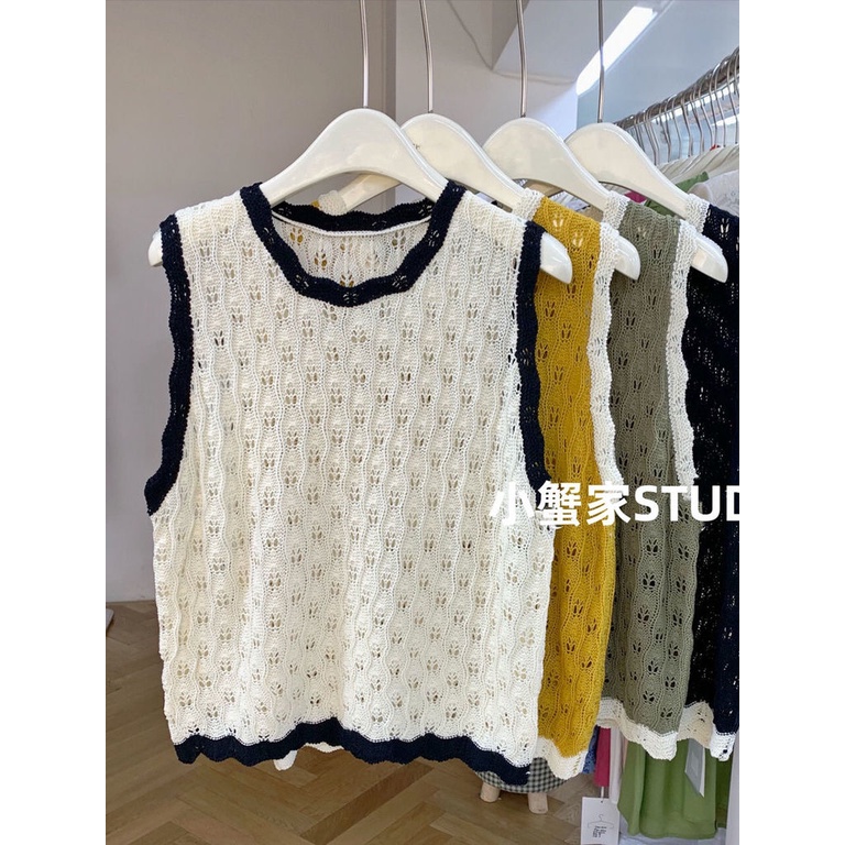 Áo Dệt Kim Sát Nách Dáng Rộng Phối Ren Màu Khối Thời Trang Mới Cho Nữ