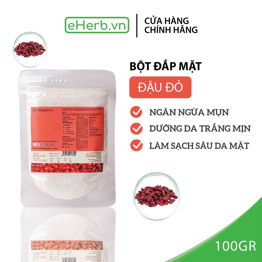 Bột đậu đỏ tắm trắng nguyên chất đắp mặt nạ mờ thâm, tẩy tế bào chết MILAGANICS 100gr (túi zip)