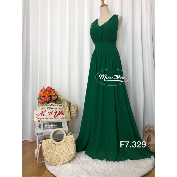 Đầm maxi xanh lá hở lưng dây chéo xẻ tà đùi váy đi biển đẹp F7.329 Maxi Yến