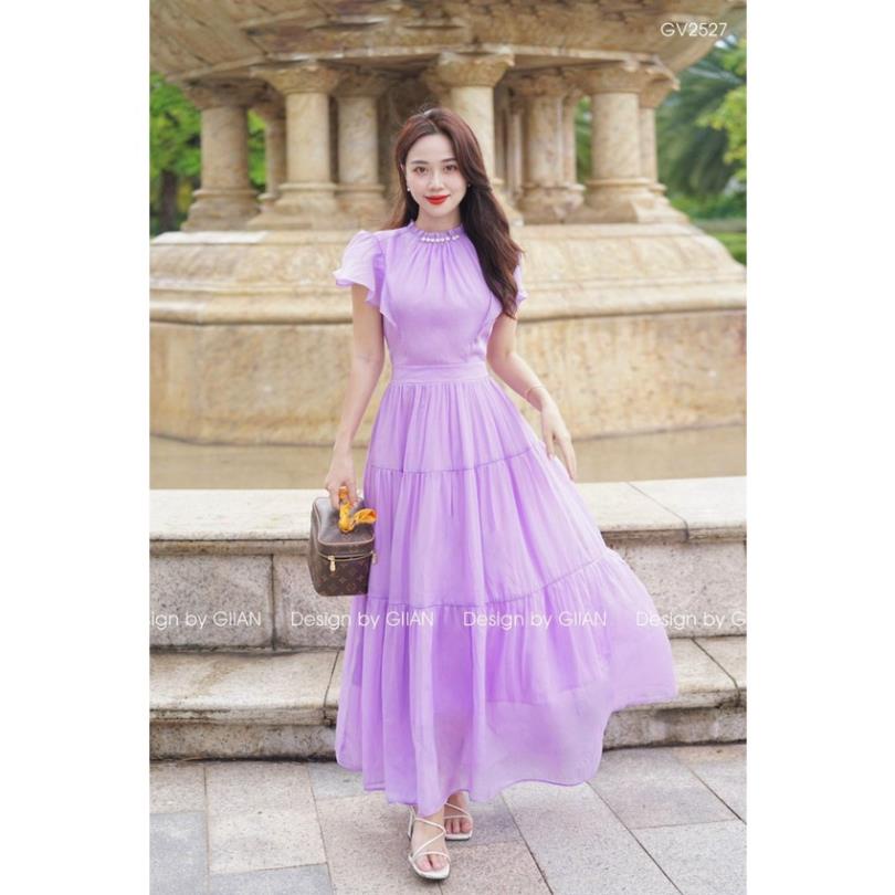 T05 váy maxi đi biển màu hồng xòe dài cổ tròn bèo tay rủ dáng dài thướt tha dịu dàng