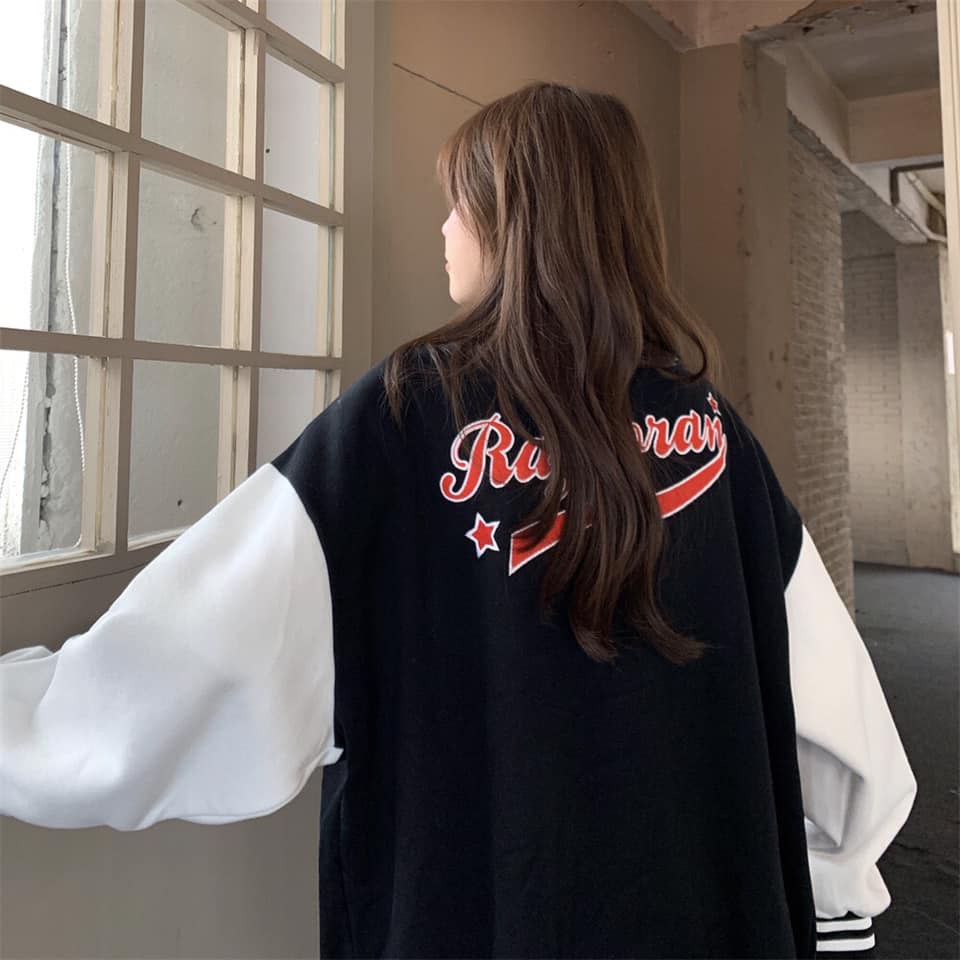 AK012 Áo bomber R 2 màu xanh đen tay trắng nam nữ dáng rộng, áo khoác nam nữ mùa đông form to tay bo cúc bấm cá tính