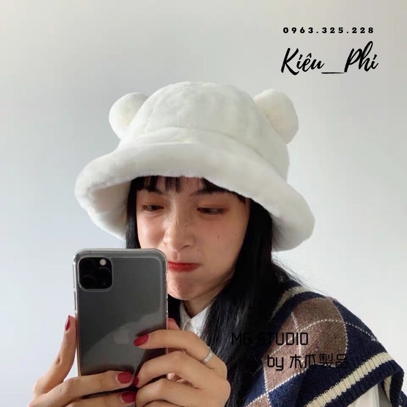 Mũ bucket, nón bucket tai gấu thu đông nhung phong cách Hàn Quốc hot hit mềm mại 2021-kho Kiều Phi