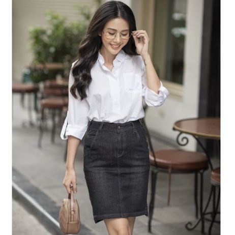 Chân Váy Jeans Dáng Ôm Công Sở Lệch Tà Xẻ Nhẹ GENVIET Chất Bò Mềm Cao Cấp DJ321J952