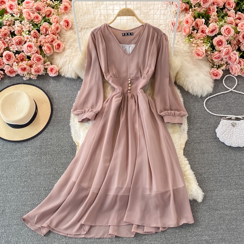 Đầm voan cổ V tay phồng phong cách Hepburn vintage Pháp cho nữ