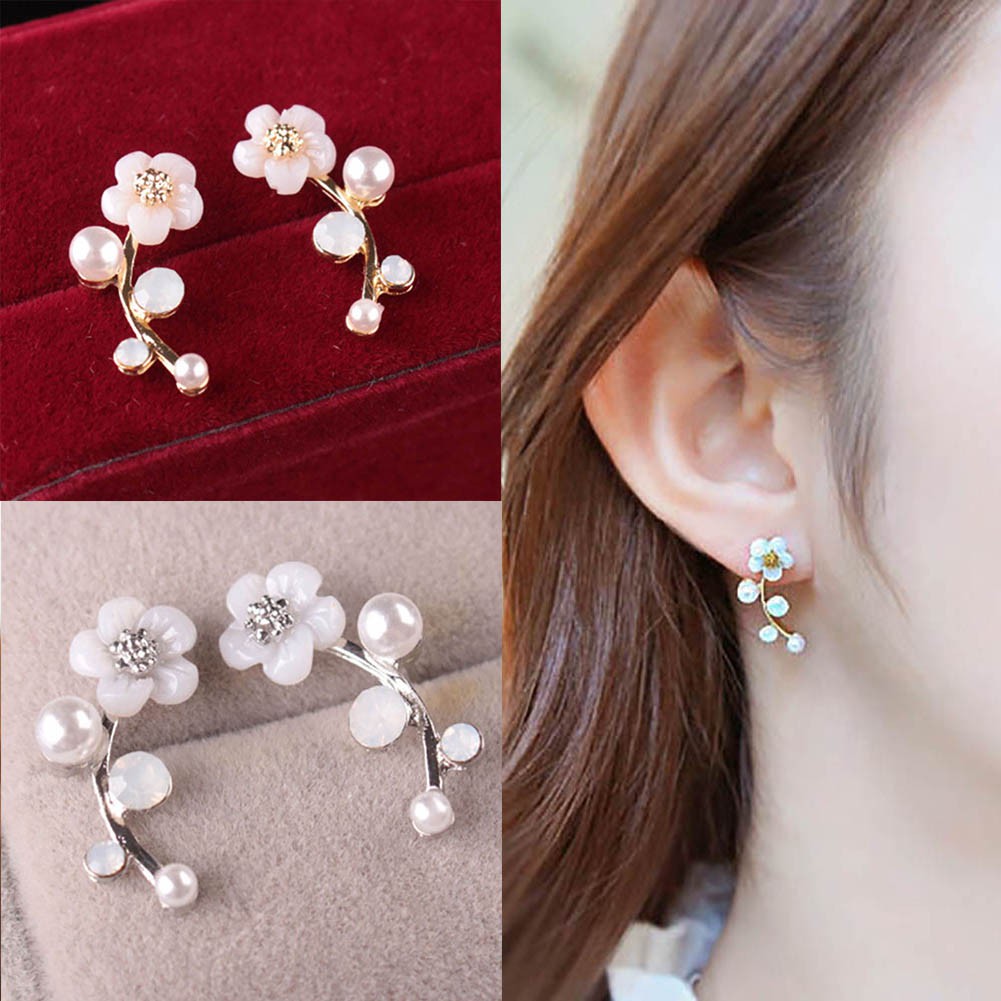 Khuyên tai hình cành hoa đính hạt giả ngọc trai nhã nhặn cho nữ