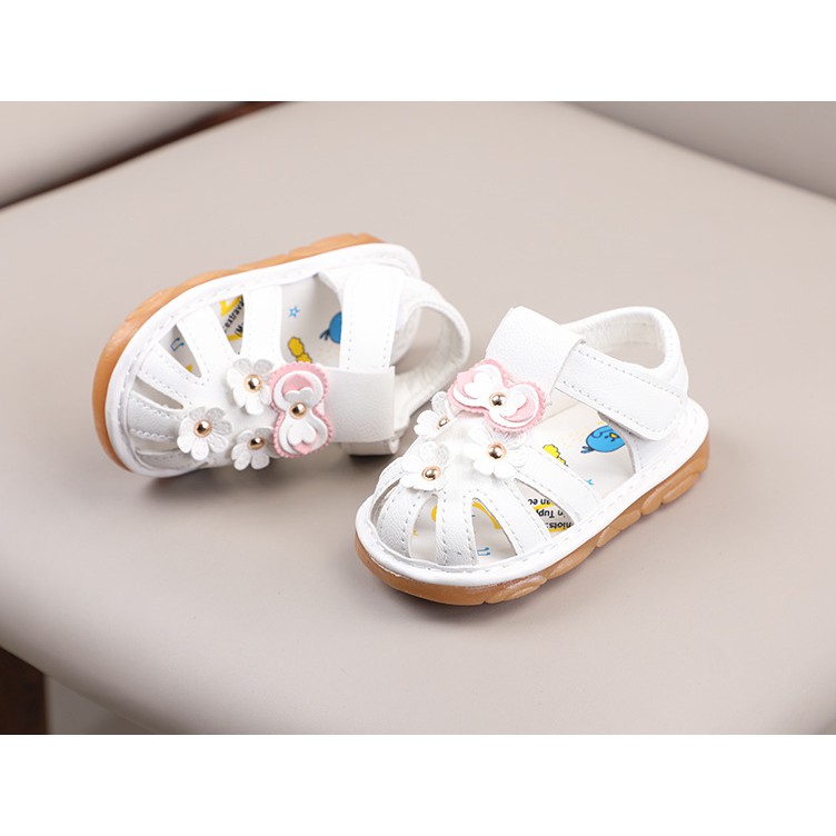 sandal tập đi bé gái size 15-19 da mềm đính hoa