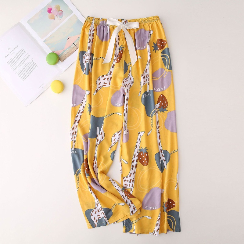 Quần Ngủ Ống Rộng Lưng Cao In Họa Tiết Hoa/Động Vật/Dâu Tây Phối Nơ Xinh Xắn Cho Nữ