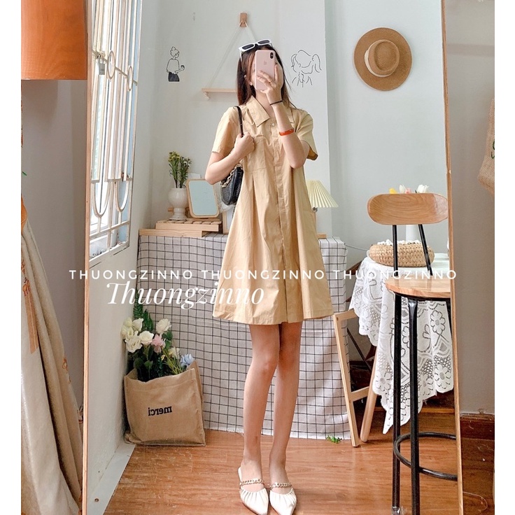 VÁY SƠ MI DÁNG BABYDOLL CÓ TÚI NGỰC SIÊU XINH VÁY SƠ MI CỔ ĐỨC DÁNG SUÔNG HÀN QUỐC