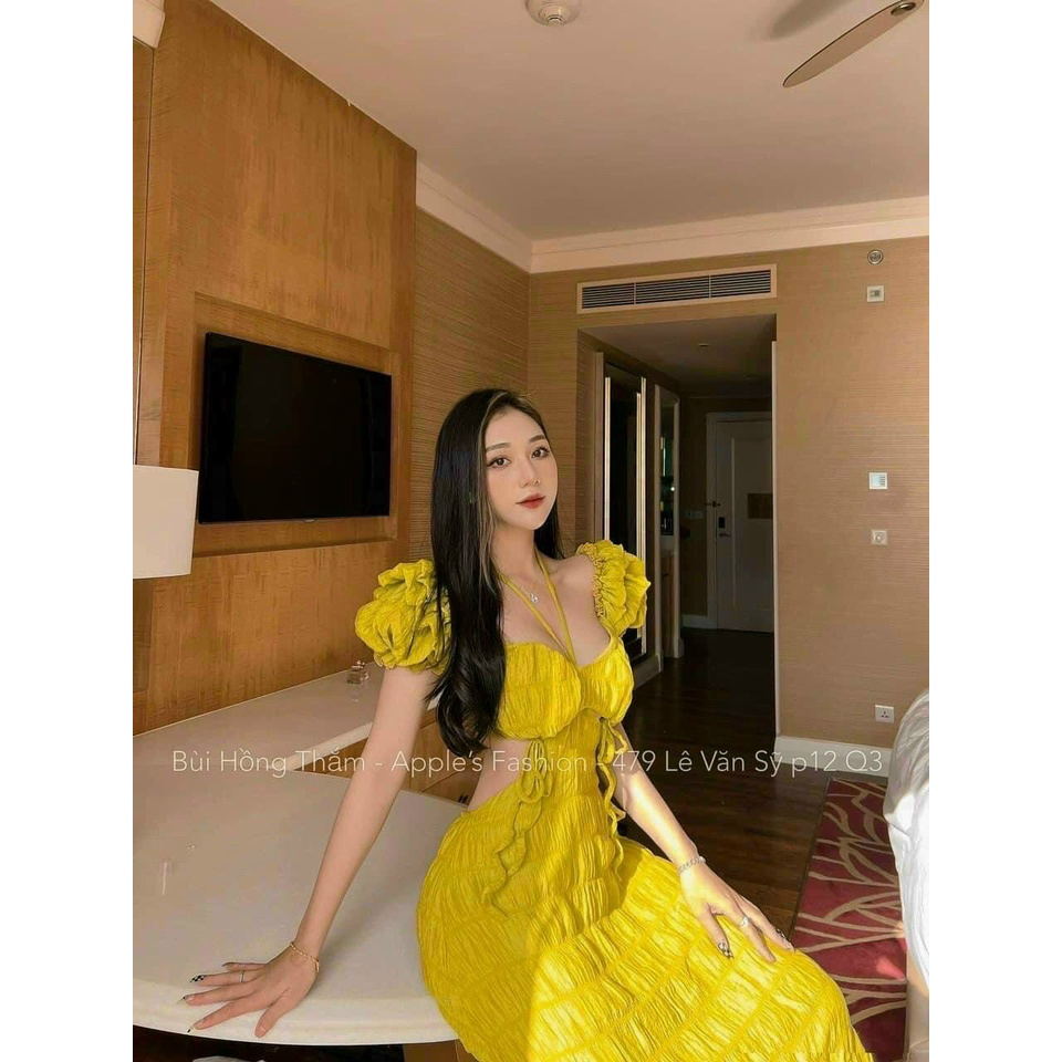 Đầm thời trang nữ mặc đi chơi đi biển đi du lịch, Đầm maxi chất xốp bông y mẫu có mút cổ yếm tay phồng có cột dây cổ cao
