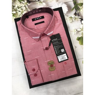 (OWEN SALE 50%) ÁO SƠ MI NAM DÀI TAY OWEN HỒNG NHẠT HỌA TIẾT AR80383 HỌA TIẾT CHẤT COTON SỢI TRE MỊN MÁT