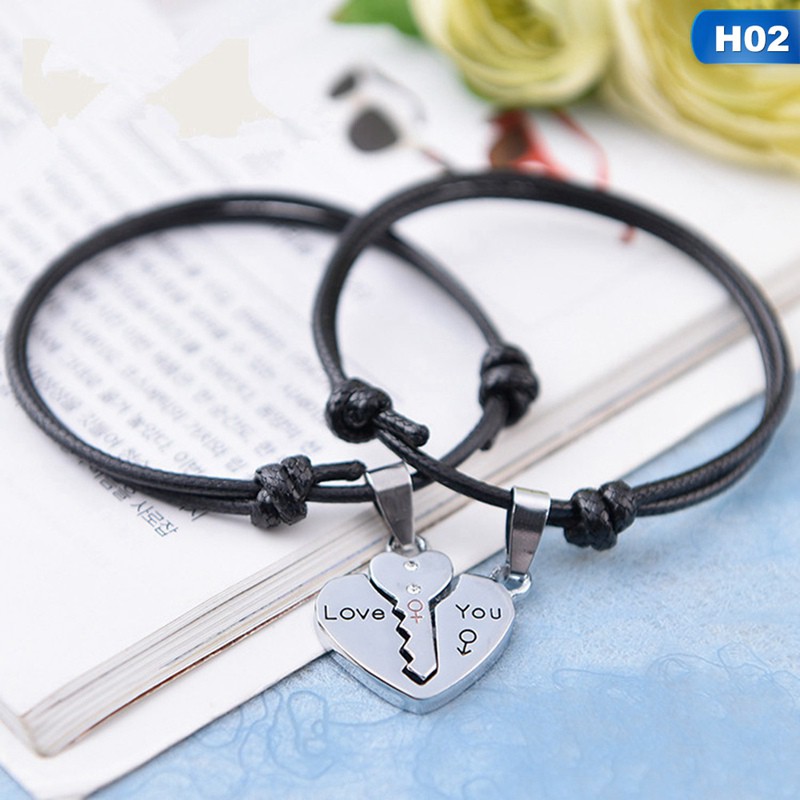 Set 2 vòng tay thiết kế trái tim đính đá quý nhân tạo sang trọng dành cho cặp đôi