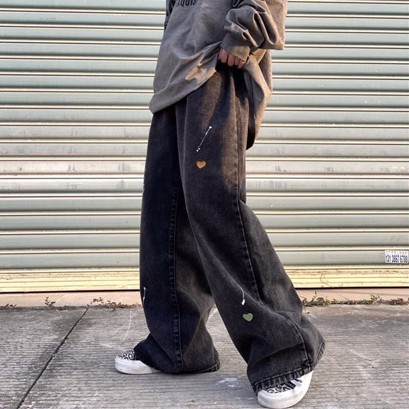 Quần bò jeans ống rộng oversize thêu hình trái tim form rộng hiphop siêu chất ❤️