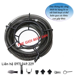 Bộ dụng cụ dây thông tắc dùng máy khoan gồm dây 16mm, 6 đầu thông và đầu kết nối máy khoan
