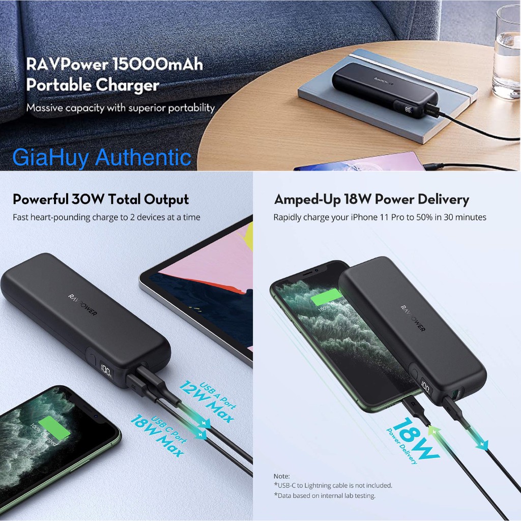 Pin sạc dự phòng RAVPOWER RP-PB203 Pioneer 15000mAh 30W (PD 3.0/ QC 3.0 18W &amp; iSmart 12W)