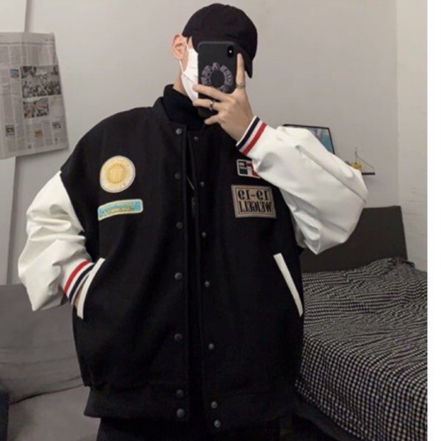 [CÓ CLIP ÁO]  ÁO BOMBER- ÁO VARSITY TAY DA MÀU ĐEN CHẤT DẠ ÉP | BigBuy360 - bigbuy360.vn