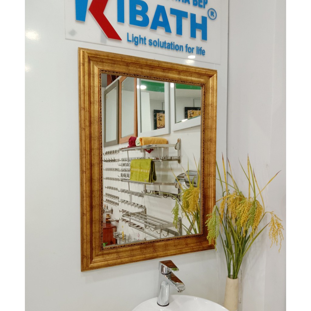 Gương soi Kibath khung màu vàng đồng bảng 8 phân KT 60x80 cm, KB-130