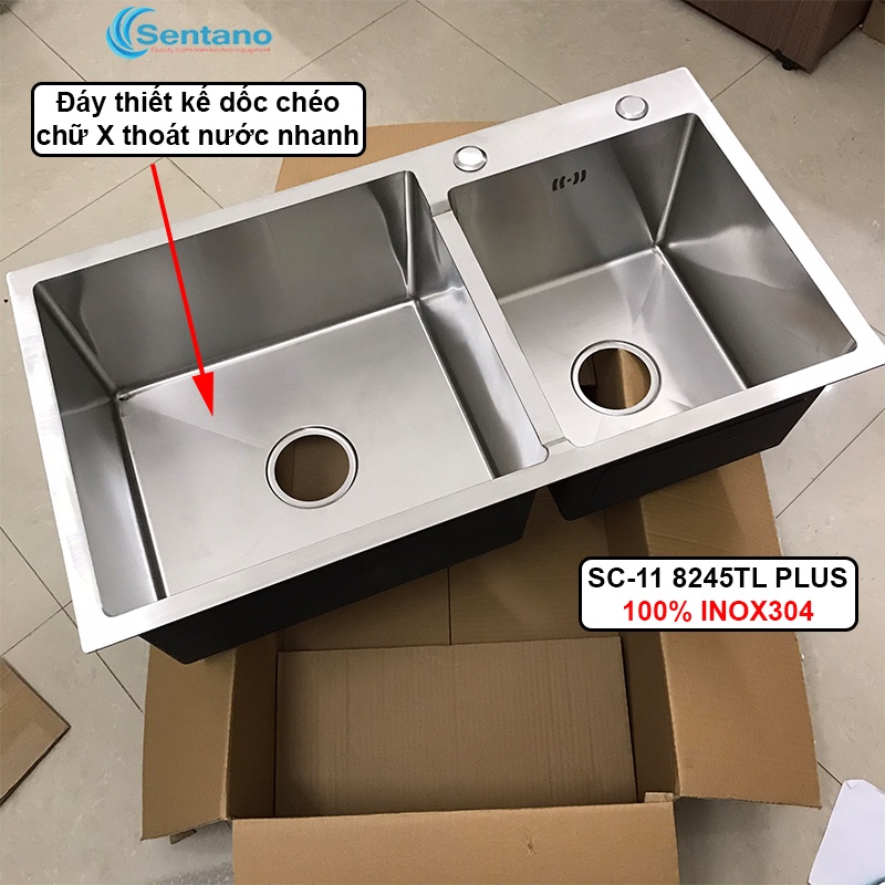 Chậu rửa chén đúc liền khối Sentano Plus SC-11 8245TL 2 ngăn lệch 100% inox 304 không gỉ
