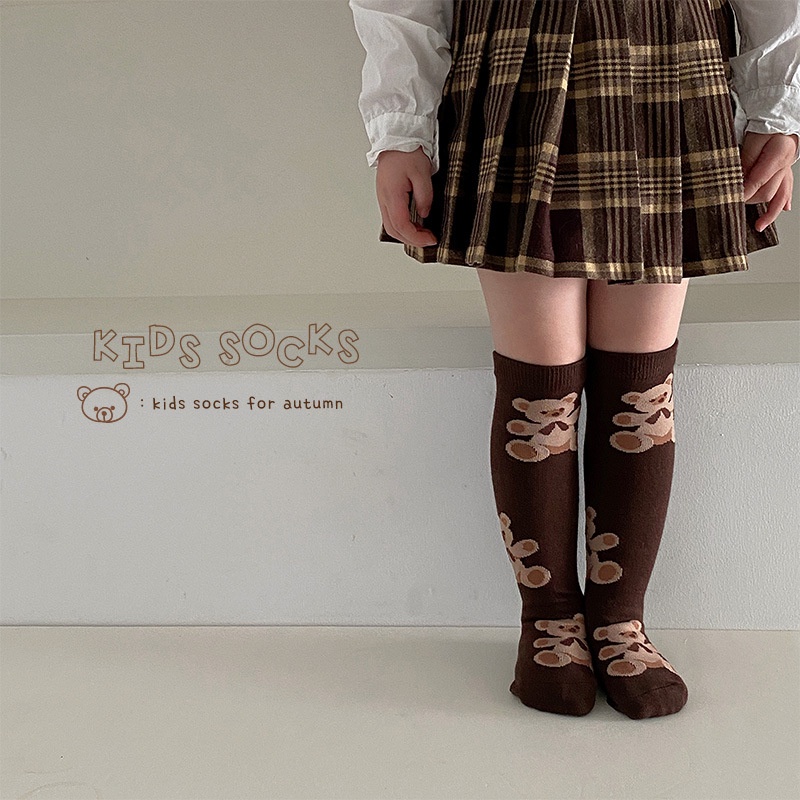 Set 4 đôi vớ KOKOROCARE MSW-28 cotton dài đến đầu gối in hình gấu mocha thời trang mùa thu 2022 dành cho bé 3-8 tuổi