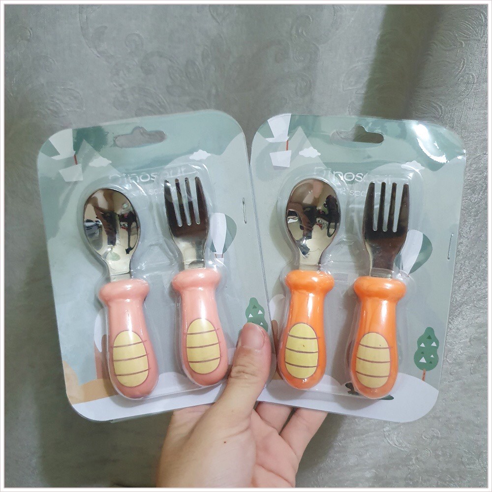 Thìa dĩa tập xúc có cho bé tập ăn chất liệu inox cao cấp hình khủng long