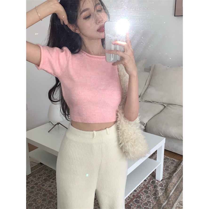 Áo Thun Đan Len Mỏng Hở Lưng Màu Trơn Thời Trang Phong Cách Hàn Quốc Cho Nữ