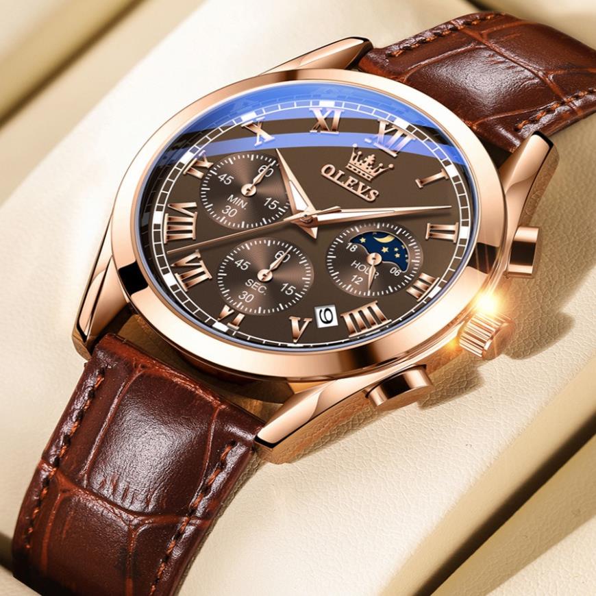 Đồng hồ nam Olevs chống thấm nước,dây da thoáng khí, đường kính 40mm