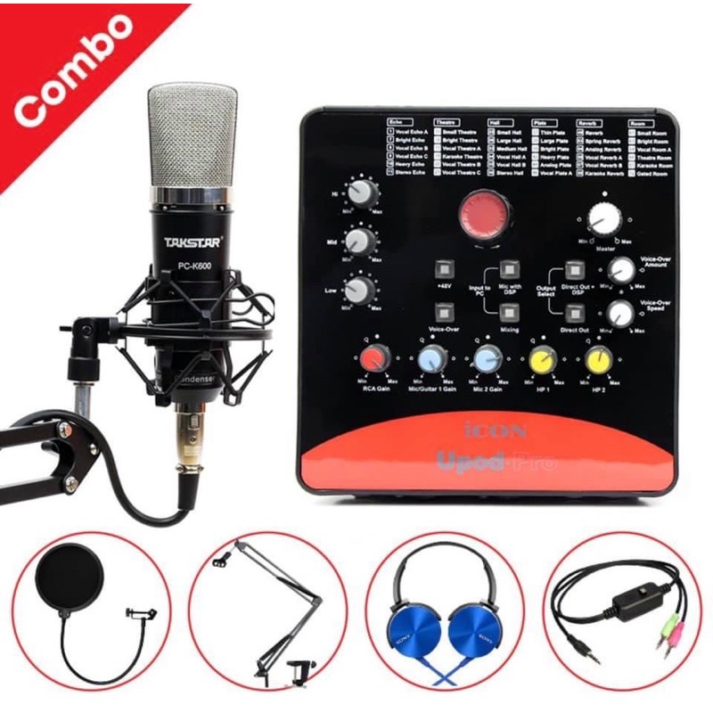 Bộ combo  thu âm livestream facebook,bigo  Mic Takstar PC K600 và suondcard icon Upod Pro cao cấp