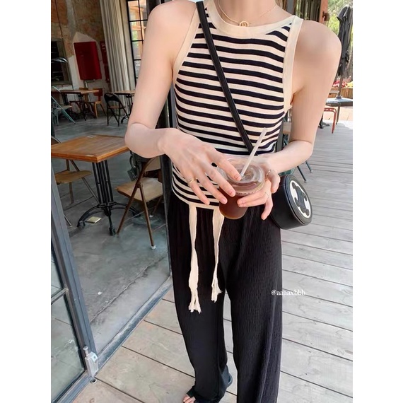 Áo Dệt Kim Hai Dây Dáng Ôm Họa Tiết Kẻ Sọc Thời Trang Hàn Quốc Cho Nữ