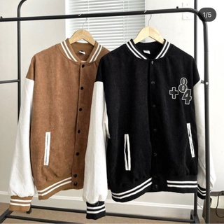 Áo khoác nhung tăm bomber thêu số 84 màu đen - nâu phông unisex nam nữ 38-60kg