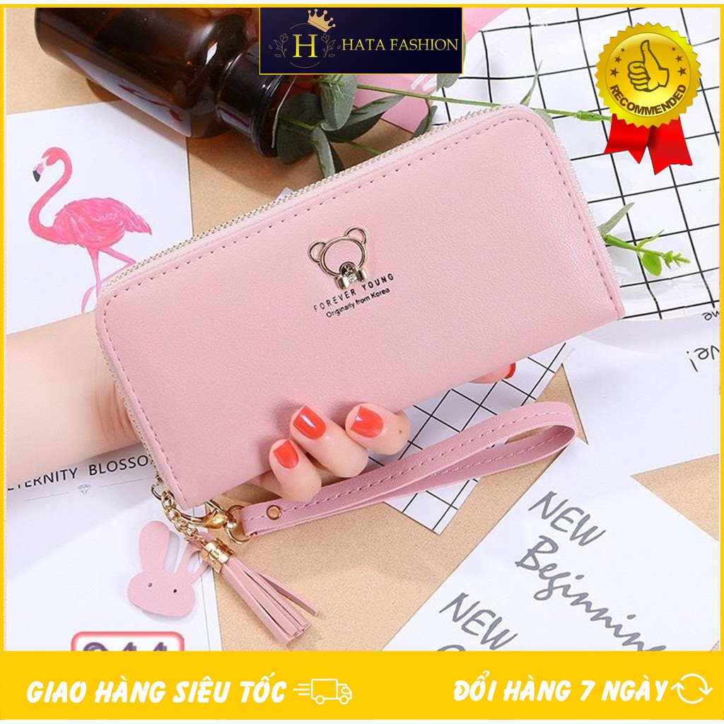 [Mã 151FASHIONSALE1 giảm 10K đơn 50K]Ví Dài Nữ Cầm Tay Khóa Kéo FOREVER YOUNG 344 Đính Chú Gấu Dễ Thương