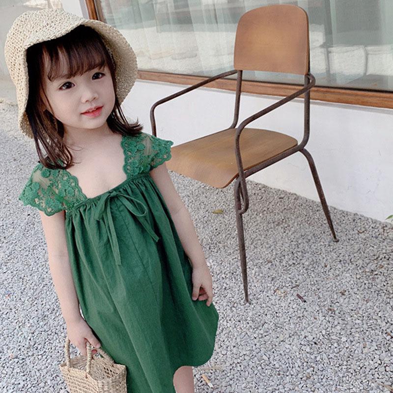 Đầm không tay màu trơn phối ren thời trang cho bé gái