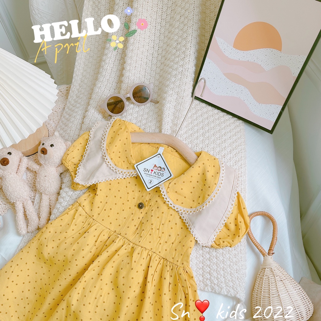 Váy xòe cổ sen bé gái, váy đũi chấm bi cách điệu cổ ren 2 lớp cho bé