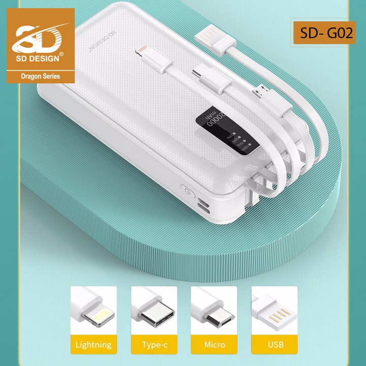 Sạc Dự Phòng đa năng 20.000 mAh SD DESIGN G02 Tích Hợp 4 Cáp Sạc Micro, Lingtning, TypeC- Đèn LED- Hàng chính hãng