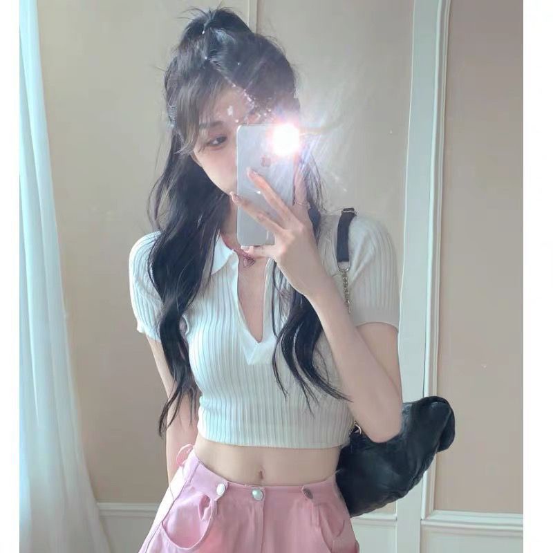 Áo Croptop Dệt Kim Ngắn Tay Cổ V Lưng Cao Thời Trang Mùa Hè Cho Nữ