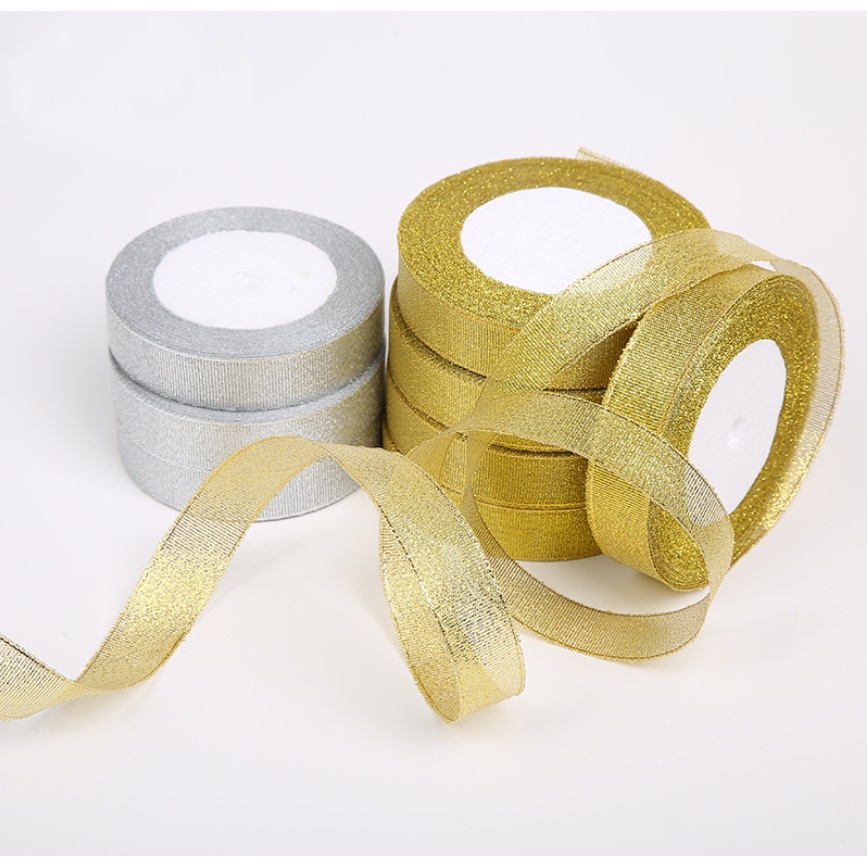 Cuộn Dây Ruy Băng Kim Loại Màu Vàng/Bạc Dài 25 yards 22m Dùng Trang Trí Tiệc Cưới/Giáng Sinh